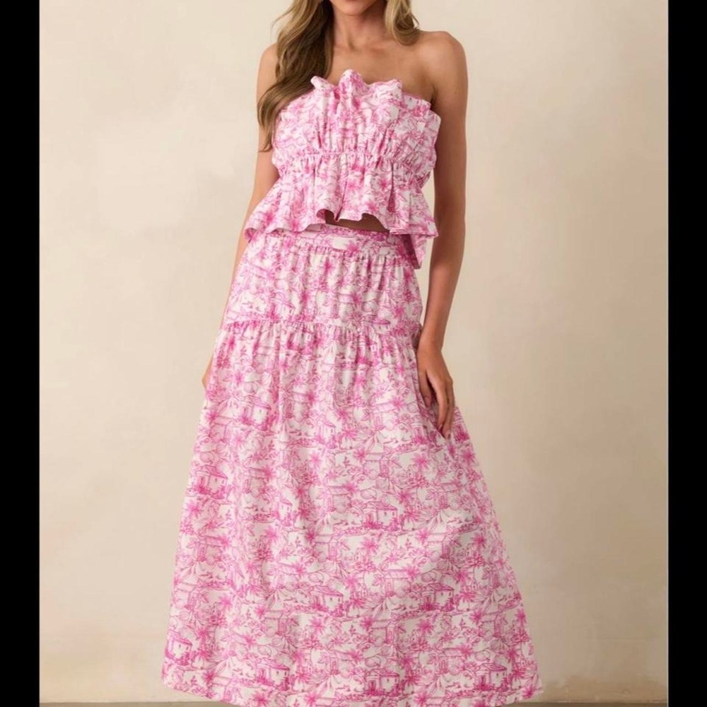 Skies Are Blue Tropical Toile Print Cotton Set Strapless Peplum Top A Line Skirt